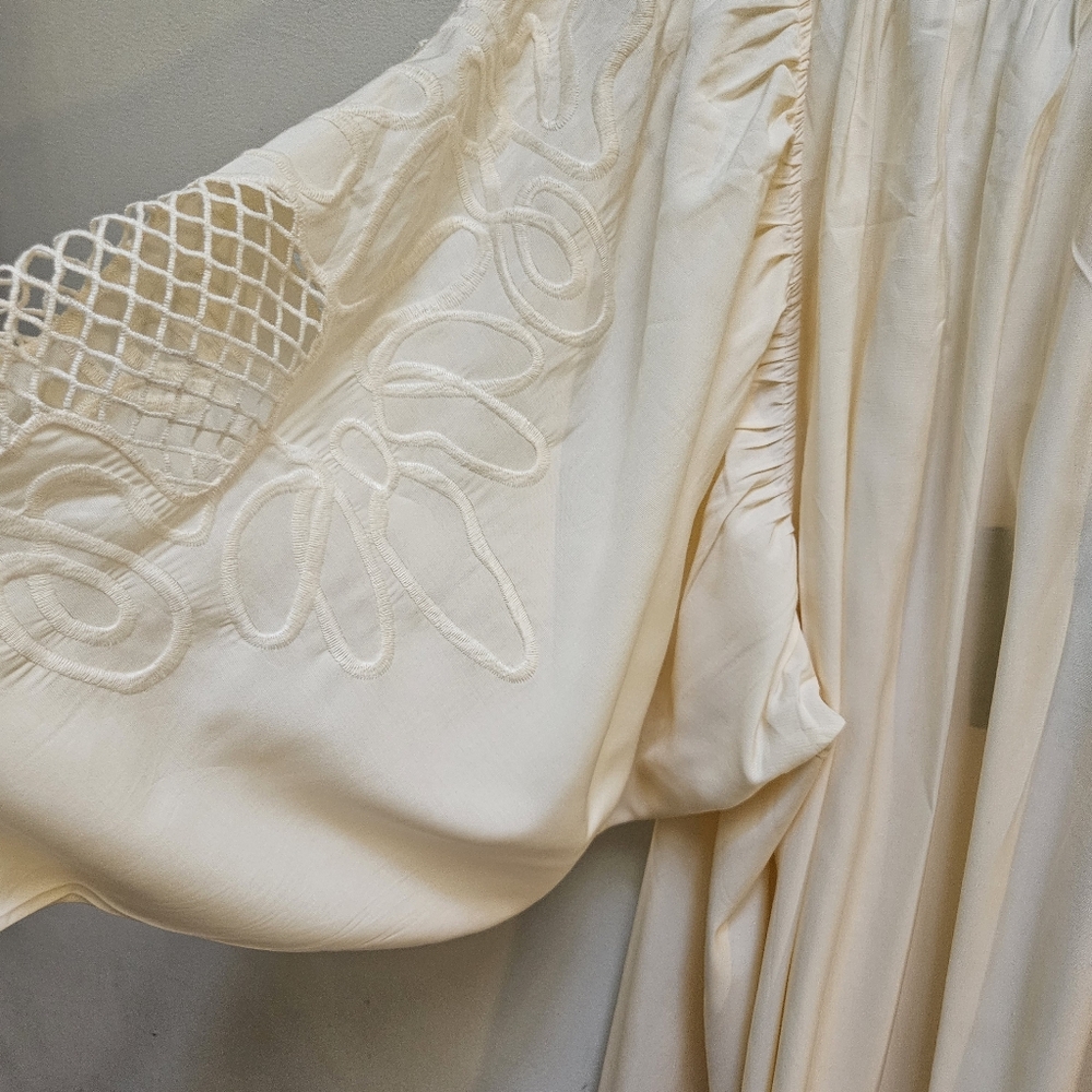 H&M Low Back Voluminous Embroidery Dress Balloon Sleeves Blogger Fave Cream L - Picture 10 of 16